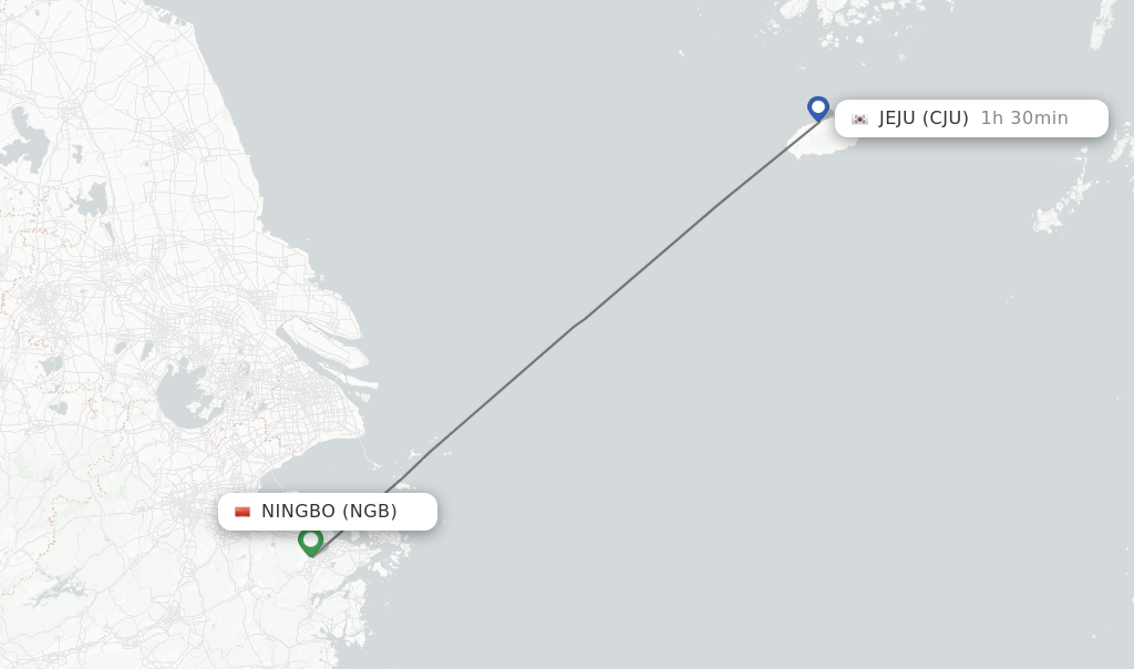 Flights from Ningbo to Jeju route map