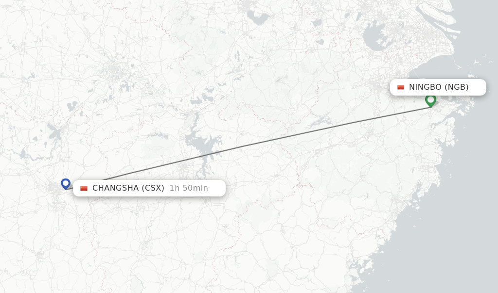 Flights from Ningbo to Changsha route map