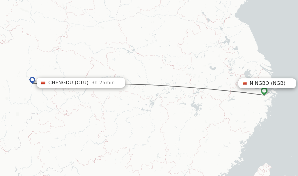 Flights from Ningbo to Chengdu route map