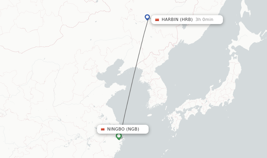 Flights from Ningbo to Harbin route map