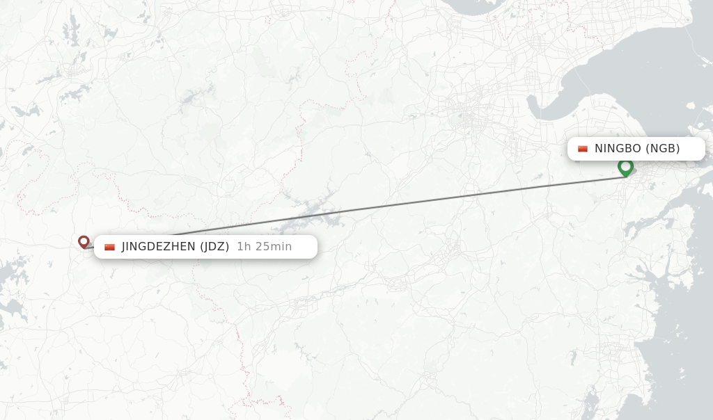 Flights from Ningbo to Jingdezhen route map