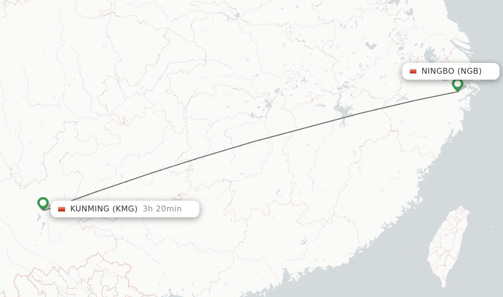 Flights from Ningbo to Kunming route map