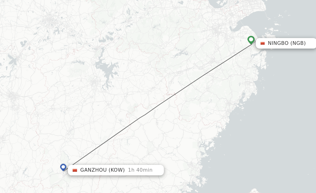 Flights from Ningbo to Ganzhou route map