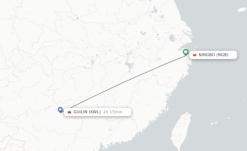 Flights from Ningbo to Guilin route map