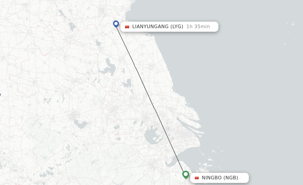 Flights from Ningbo to Lianyungang route map