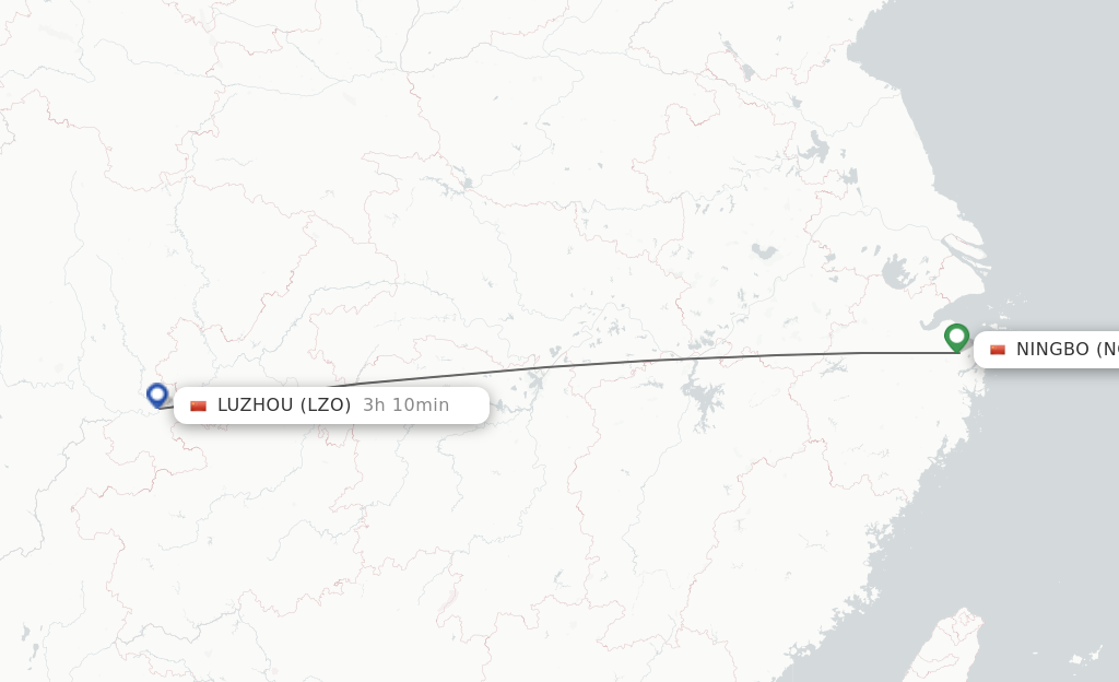 Flights from Ningbo to Luzhou route map
