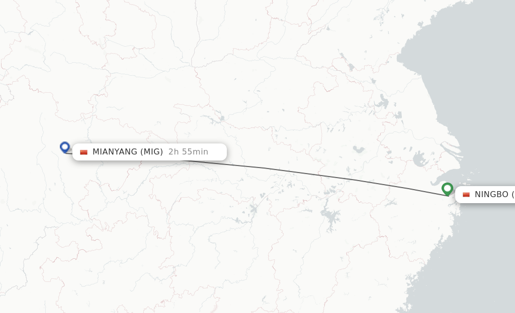 Flights from Ningbo to Mian Yang route map