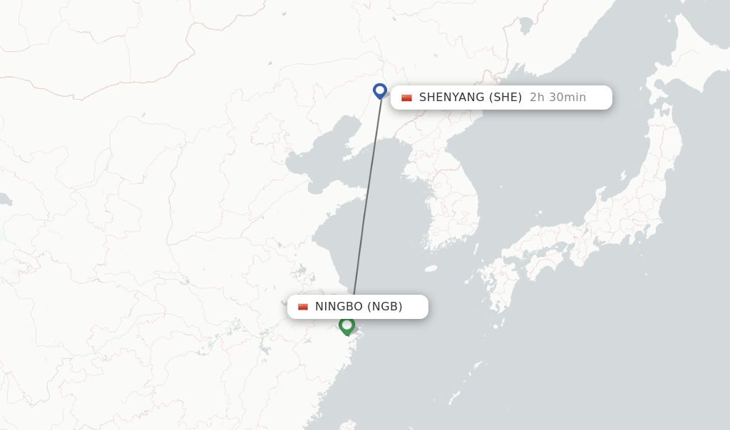 Flights from Ningbo to Shenyang route map
