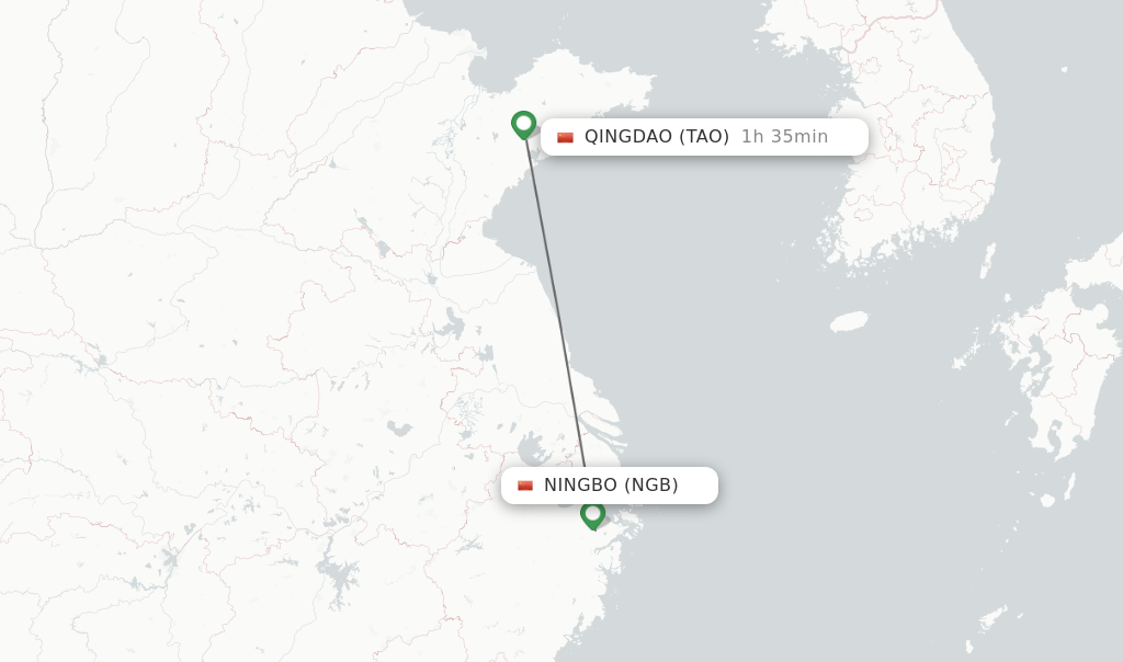 Flights from Ningbo to Qingdao route map