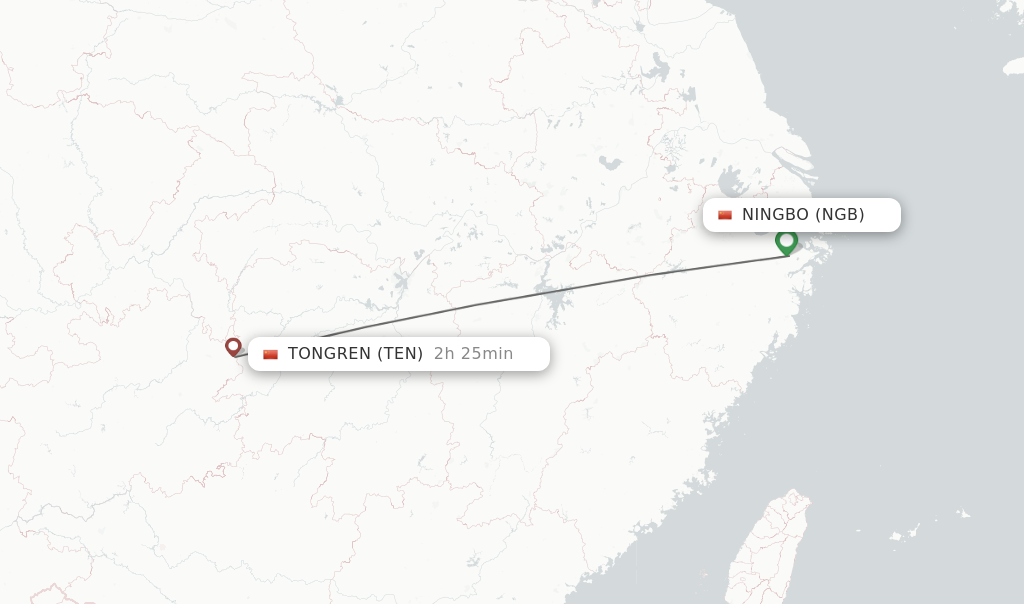 Flights from Ningbo to Tongren route map