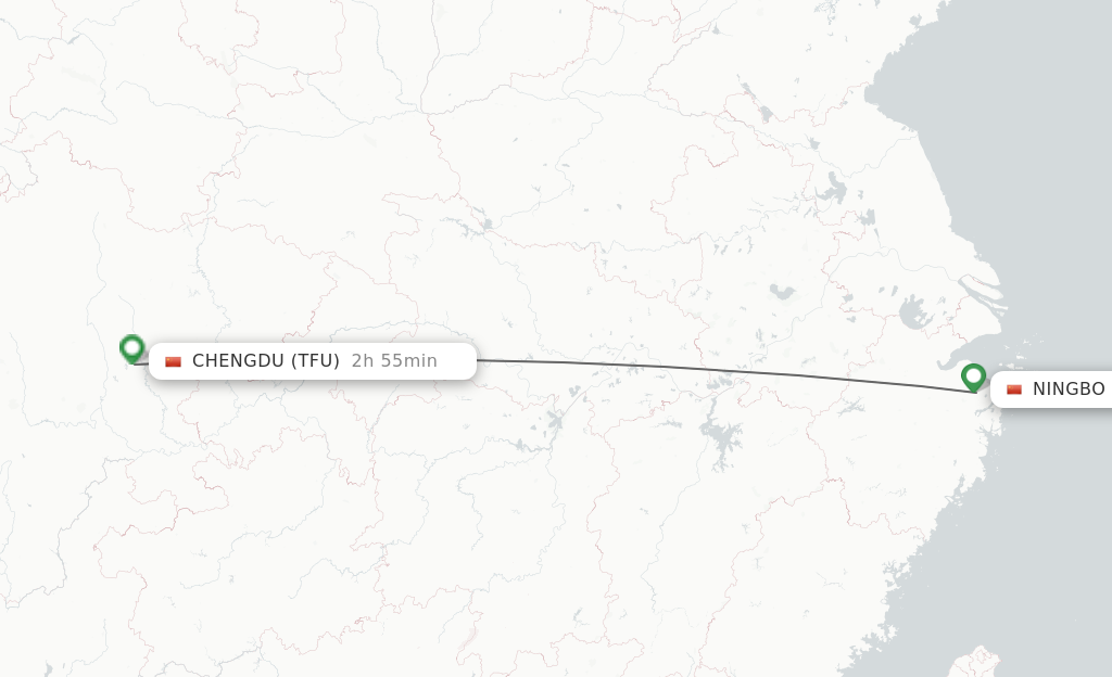 Flights from Ningbo to Chengdu route map
