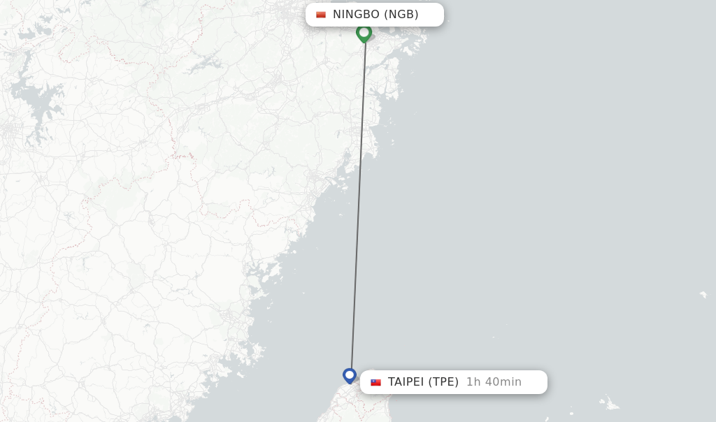 Flights from Ningbo to Taipei route map