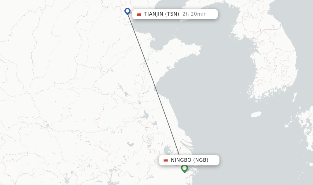 Flights from Ningbo to Tianjin route map