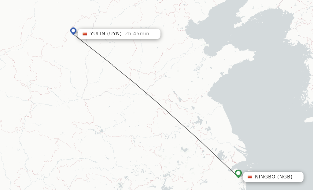 Flights from Ningbo to Yulin route map