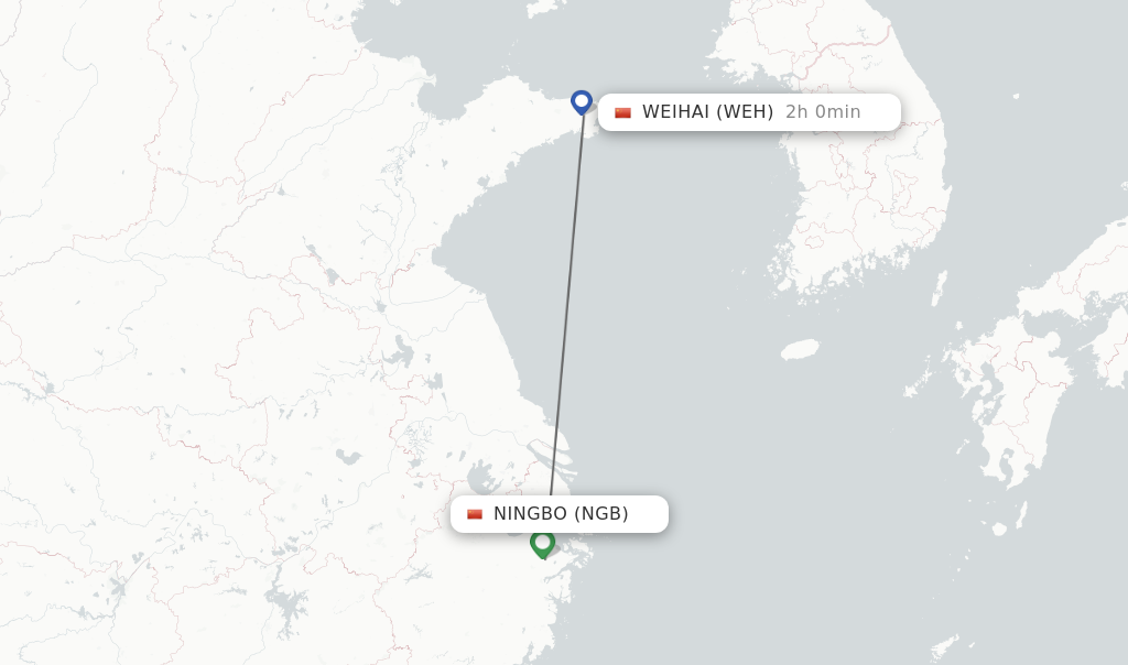 Flights from Ningbo to Weihai route map