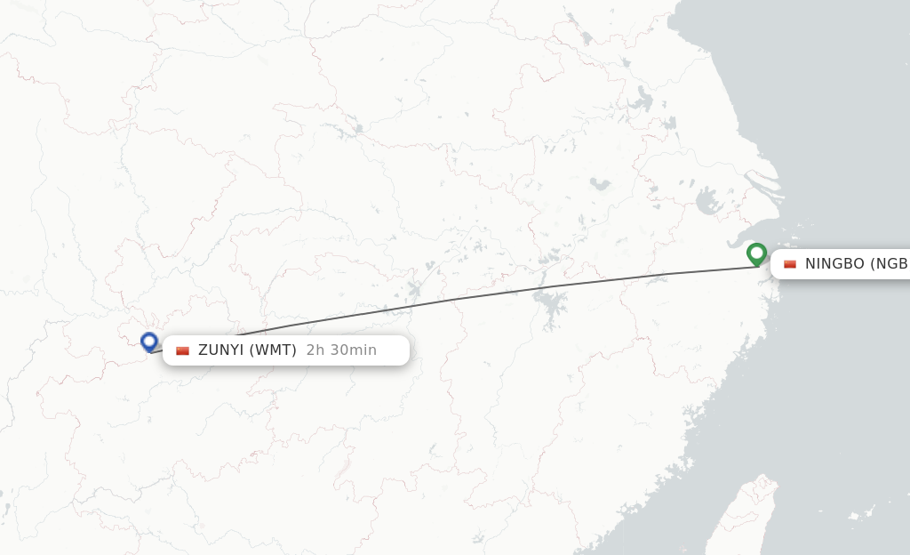 Flights from Ningbo to Zunyi route map