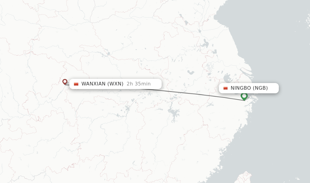 Flights from Ningbo to Wanxian route map