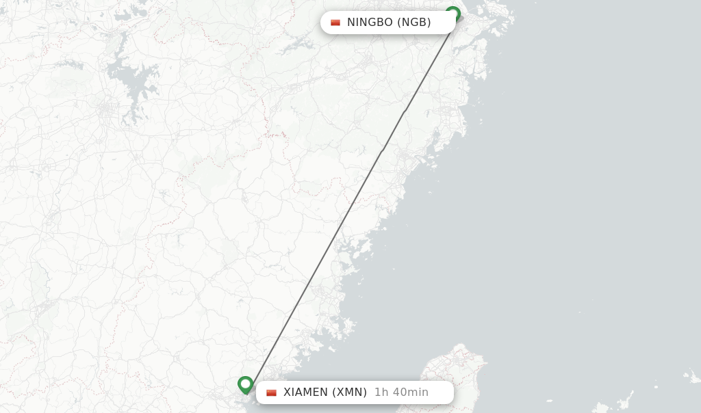 Flights from Ningbo to Xiamen route map