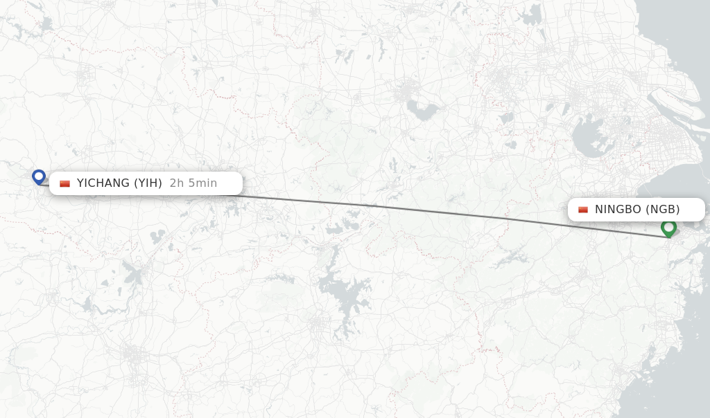 Flights from Ningbo to Yichang route map