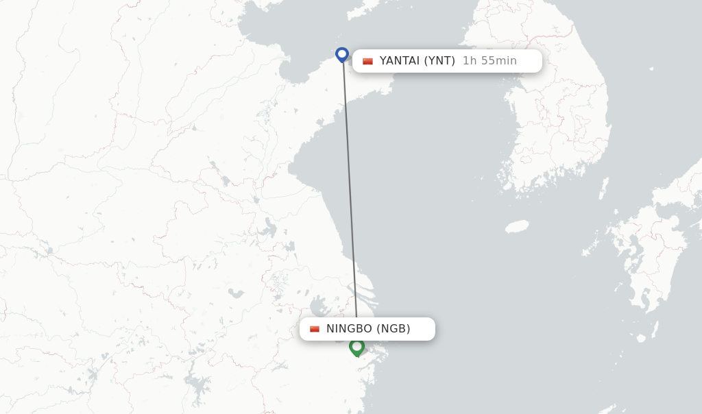 Flights from Ningbo to Yantai route map