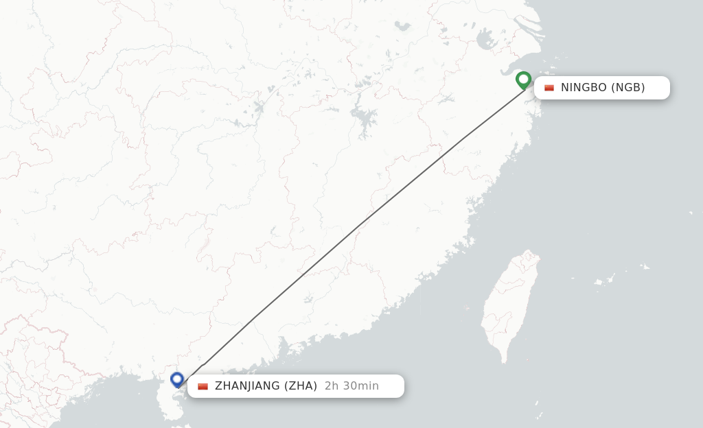 Flights from Ningbo to Zhanjiang route map
