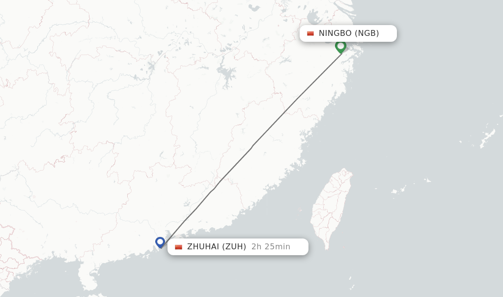 Flights from Ningbo to Zhuhai route map
