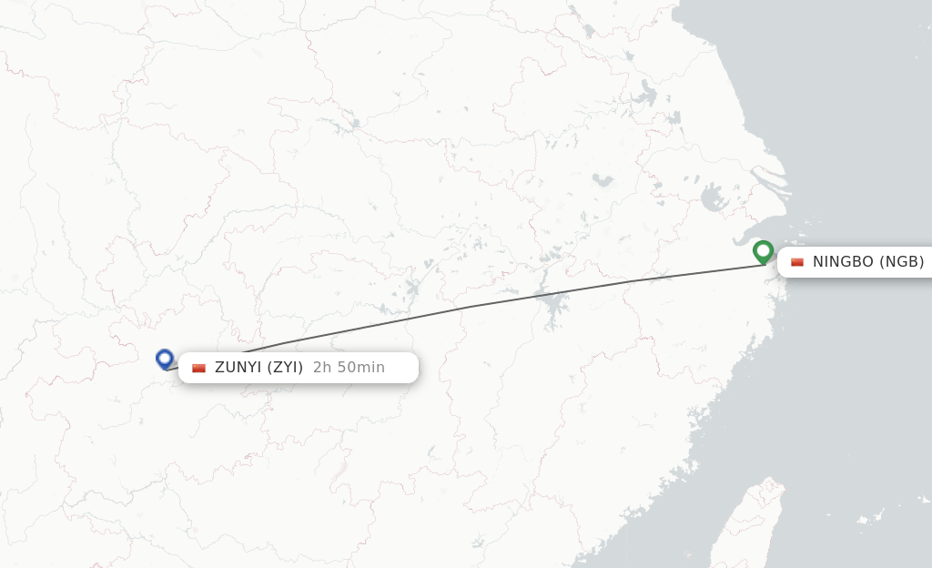 Flights from Ningbo to Zunyi route map
