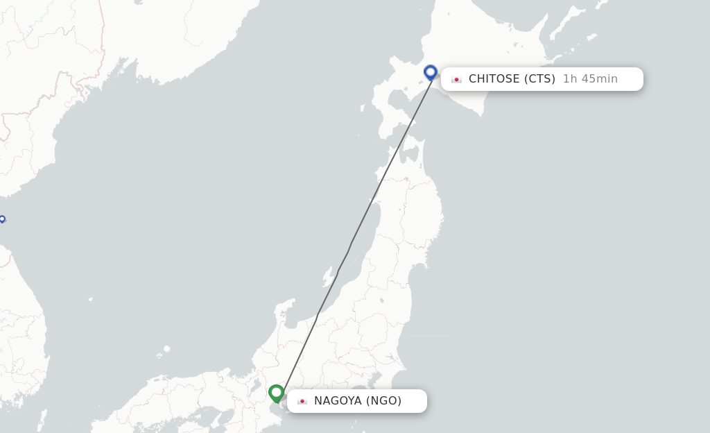 Flights from Nagoya to Sapporo route map