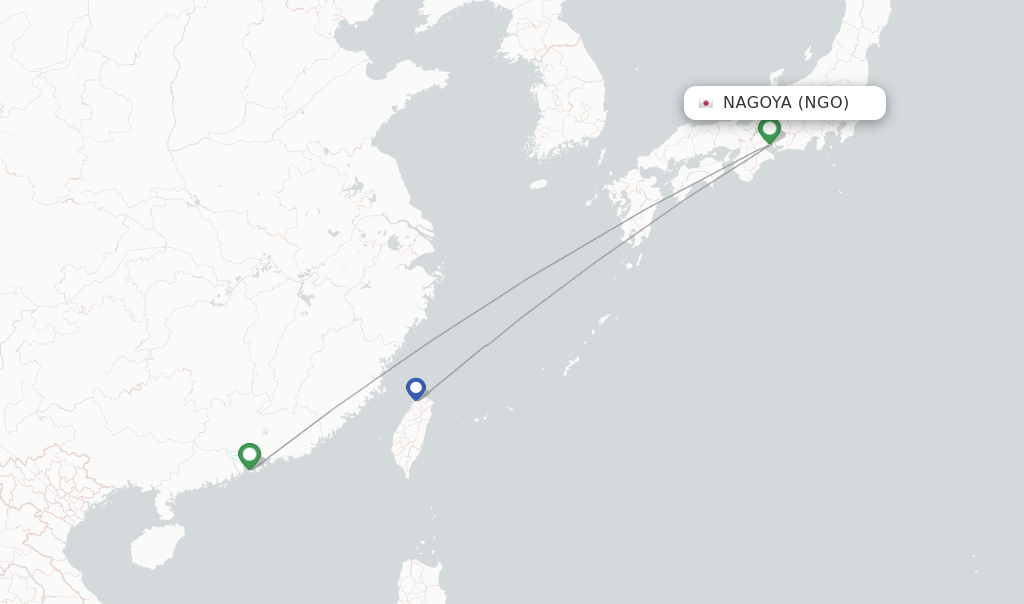 Route map with flights from Nagoya with Cathay Pacific