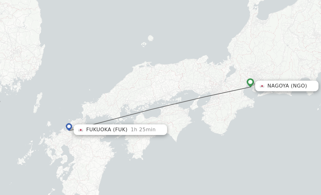 Flights from Nagoya to Fukuoka route map