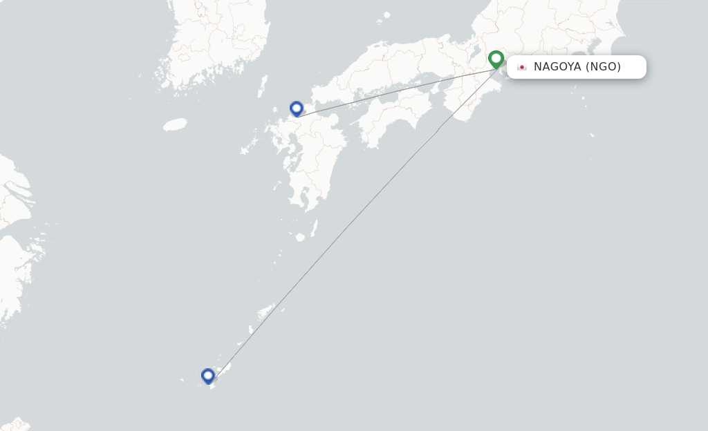 Route map with flights from Nagoya with Jetstar Japan