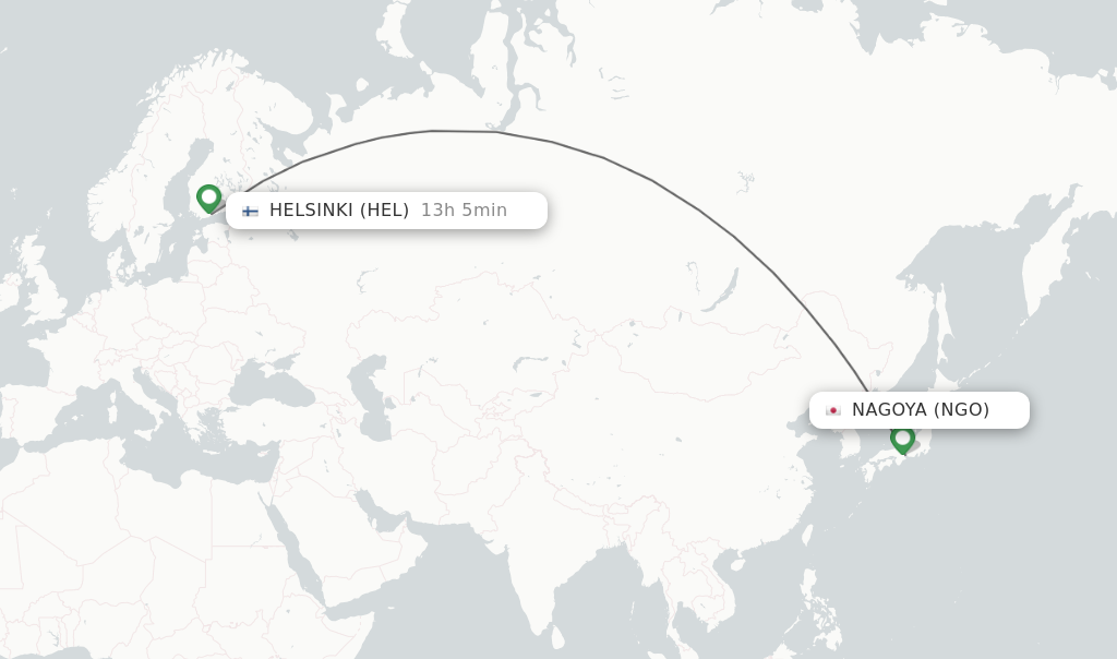 Flights from Nagoya to Helsinki route map