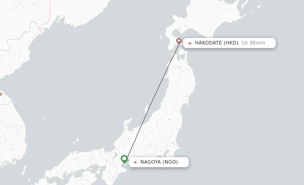 Flights from Nagoya to Hakodate route map