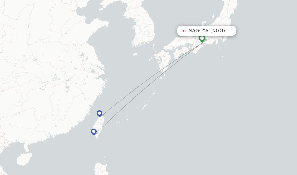 Route map with flights from Nagoya with Tigerair Taiwan