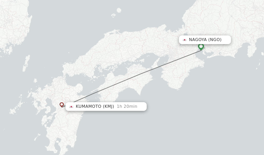 Flights from Nagoya to Kumamoto route map