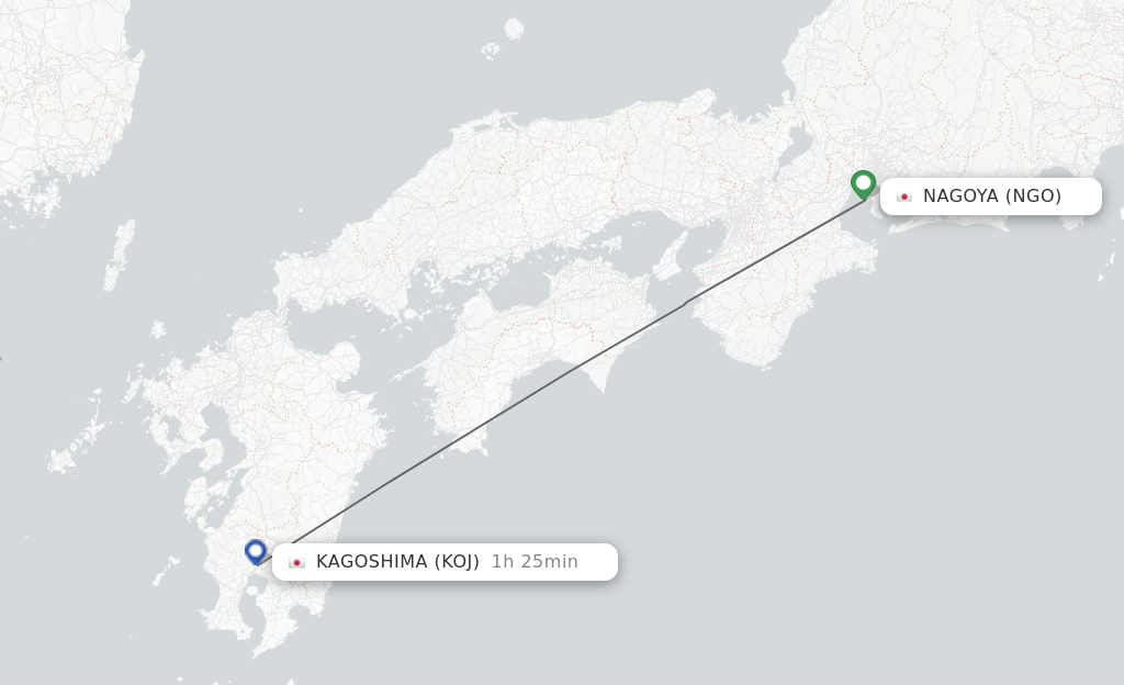 Flights from Nagoya to Kagoshima route map