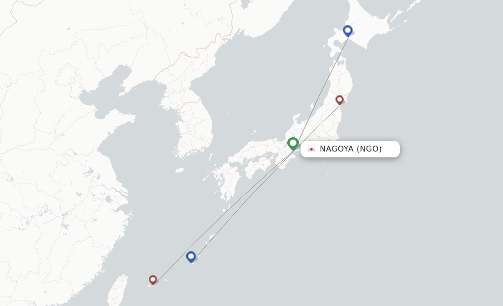 Route map with flights from Nagoya with Peach Aviation