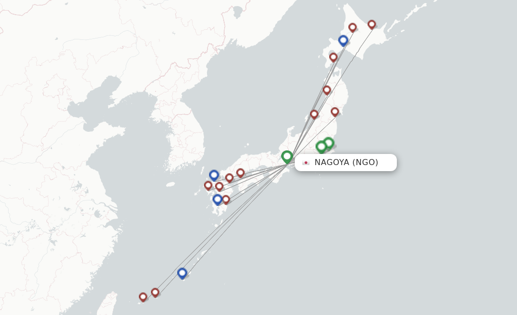 Route map with flights from Nagoya with ANA