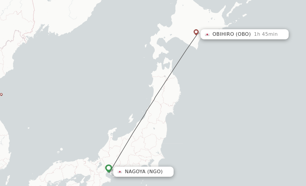 Flights from Nagoya to Obihiro route map
