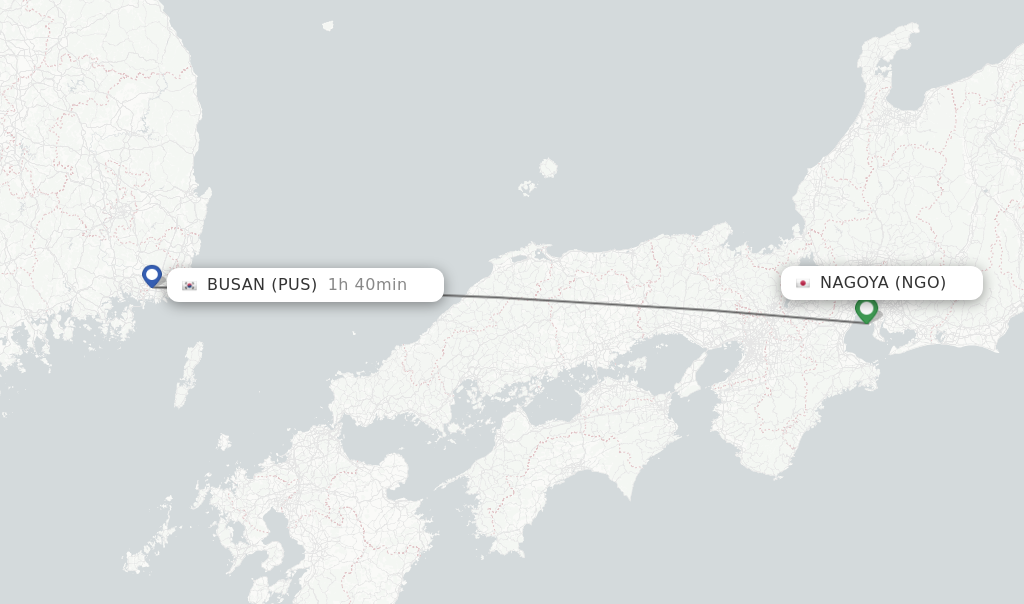 Flights from Nagoya to Busan route map