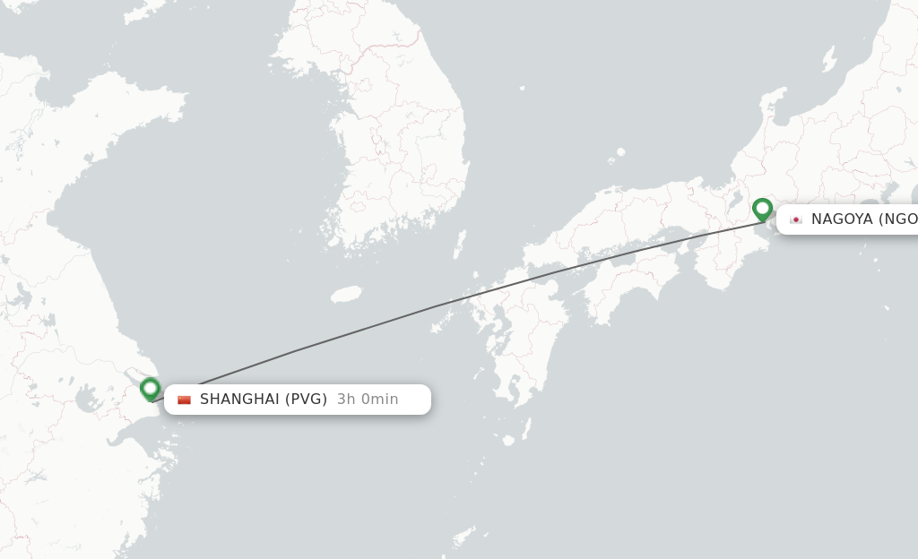 Flights from Nagoya to Shanghai route map