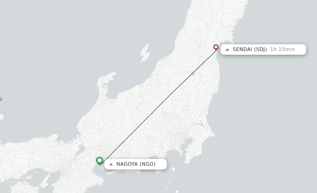 Flights from Nagoya to Sendai route map