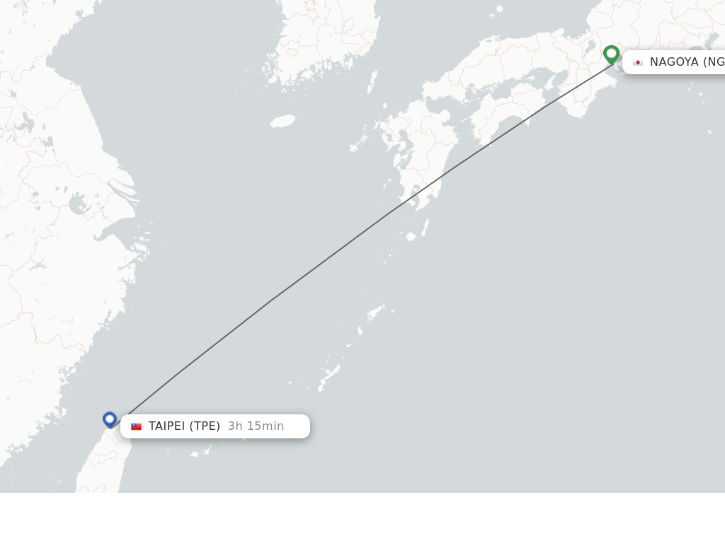Flights from Nagoya to Taipei route map