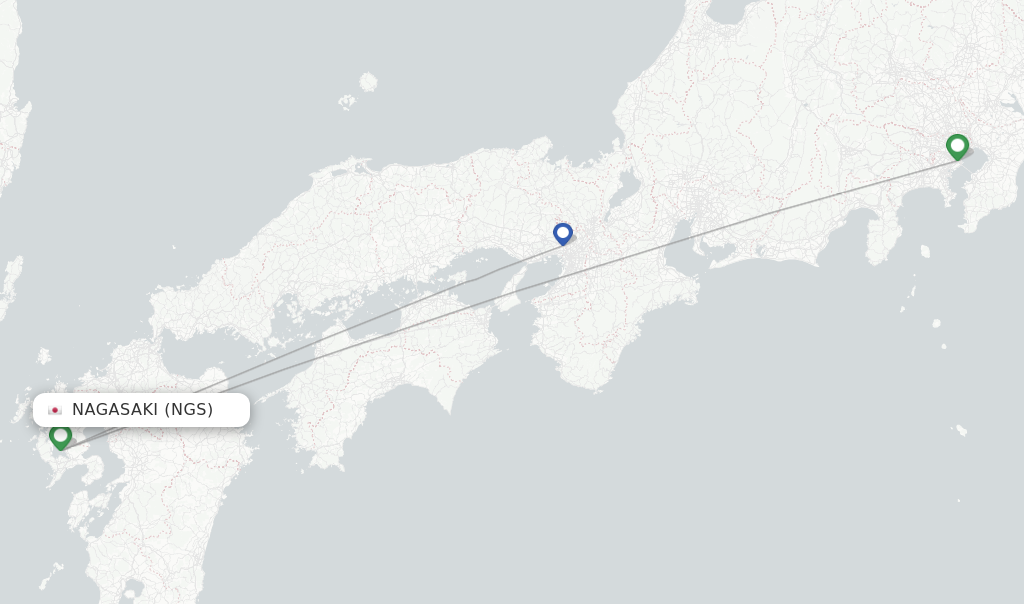 Route map with flights from Nagasaki with JAL