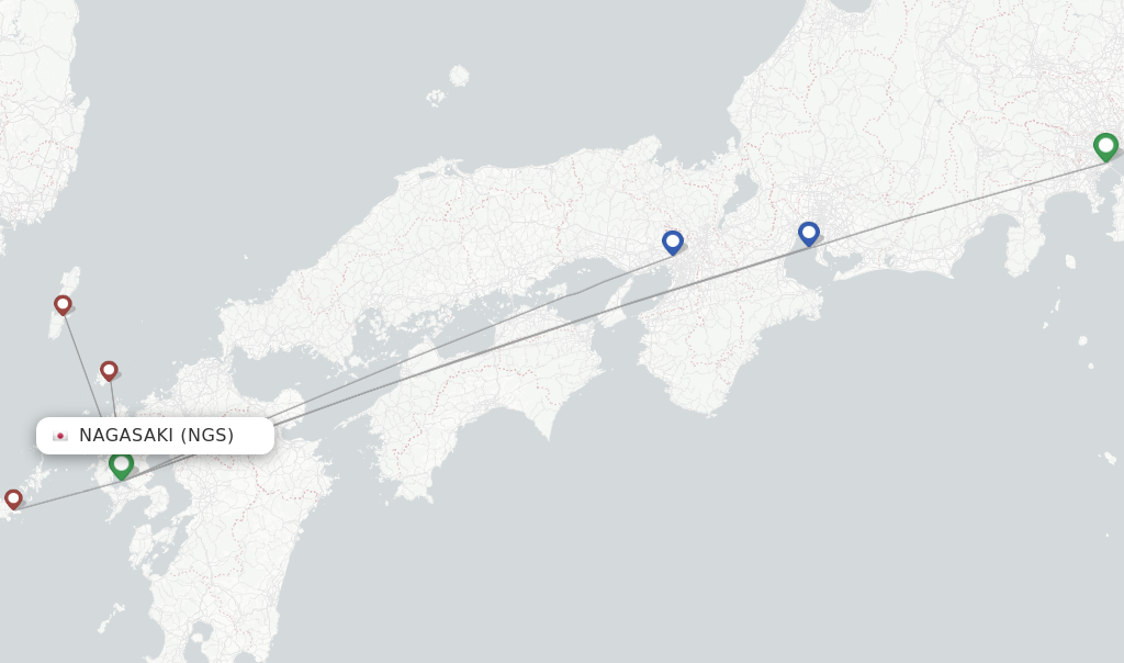 Route map with flights from Nagasaki with ANA