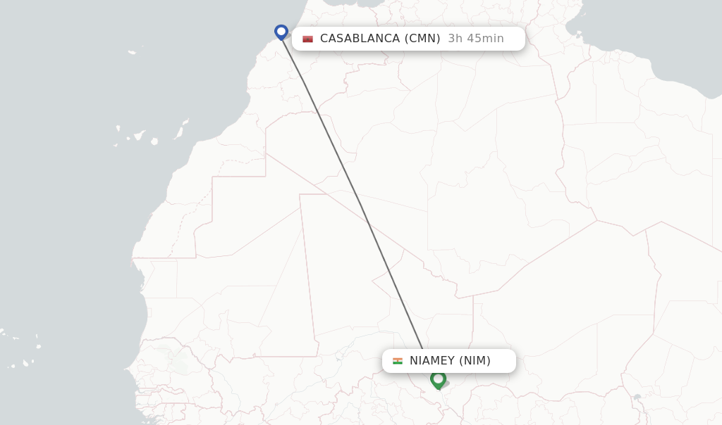 Flights from Niamey to Casablanca route map