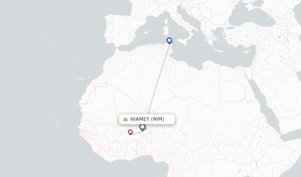 Route map with flights from Niamey with Tunisair