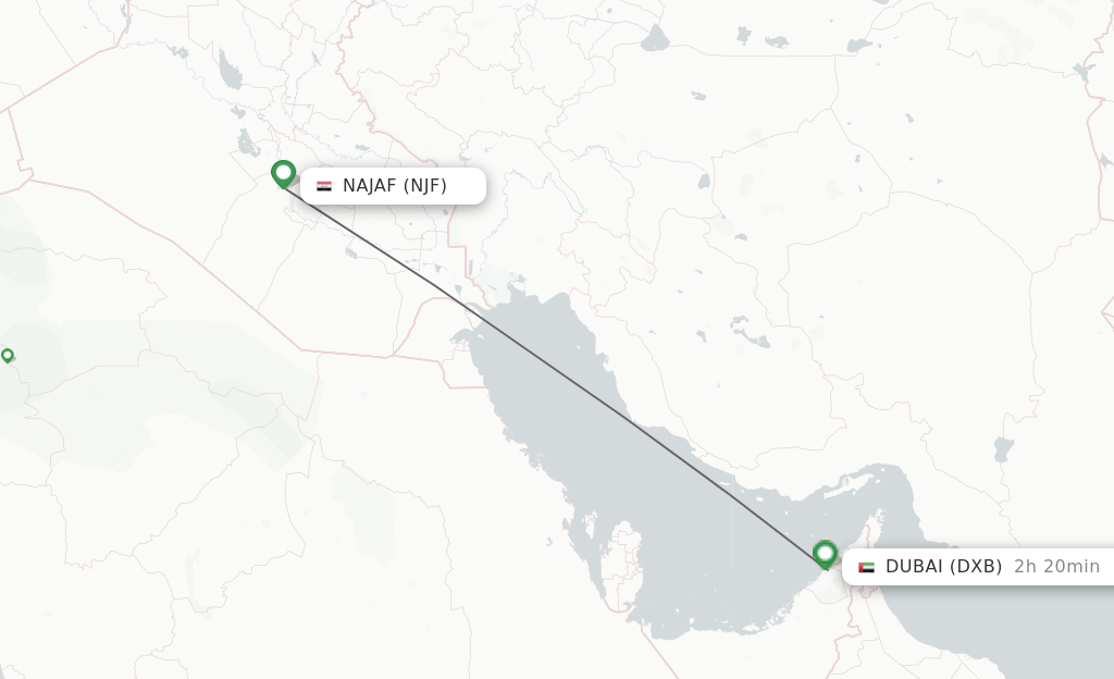 Flights from Al-Najaf to Dubai route map
