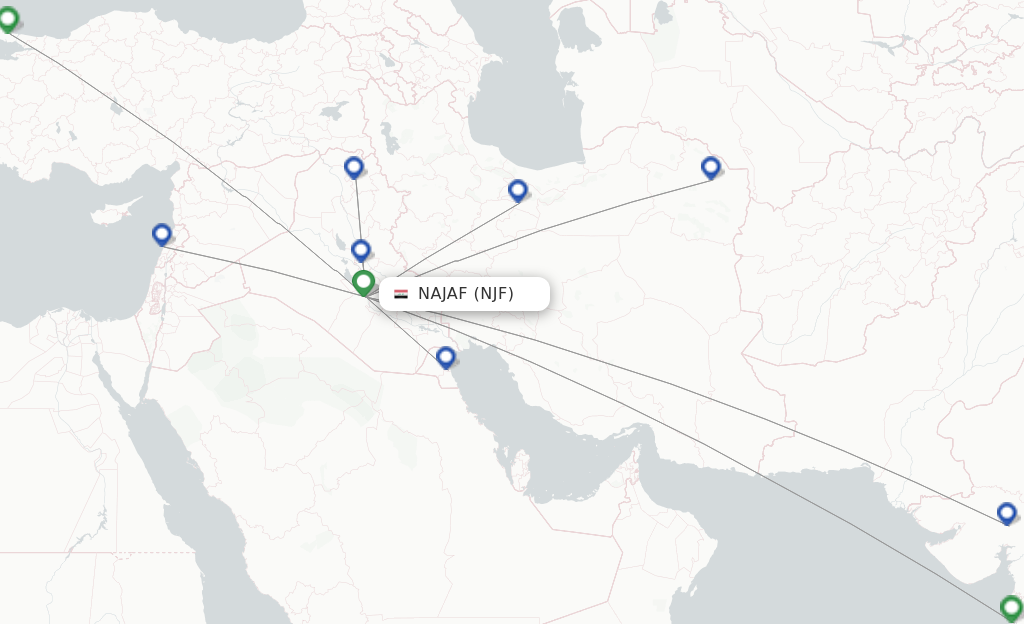 Route map with flights from Al-Najaf with Iraqi Airways