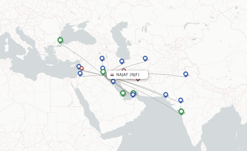 Flights from Al-Najaf to Sulaimaniyah route map